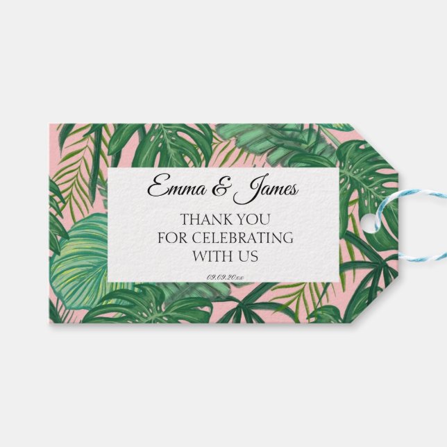 Étiquettes-cadeau Tropical rose verdure Script Mariage Merci (Devant (Horizontal))
