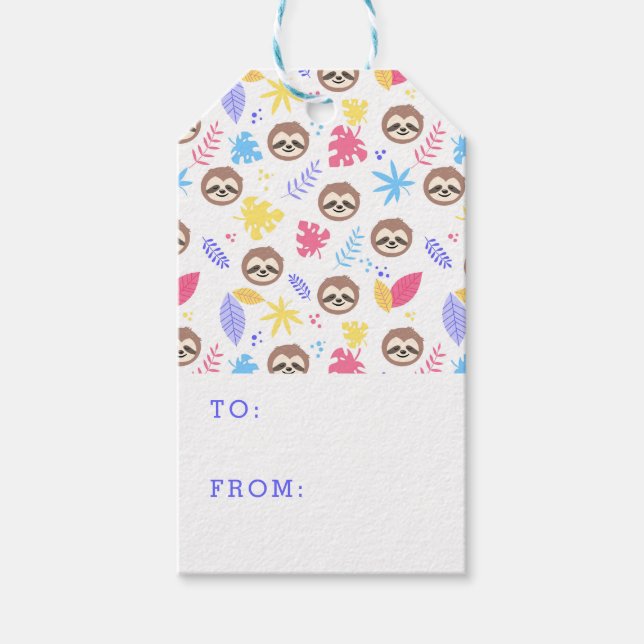 Étiquettes-cadeau Tropical Sloth & Motif Feuille (Devant)