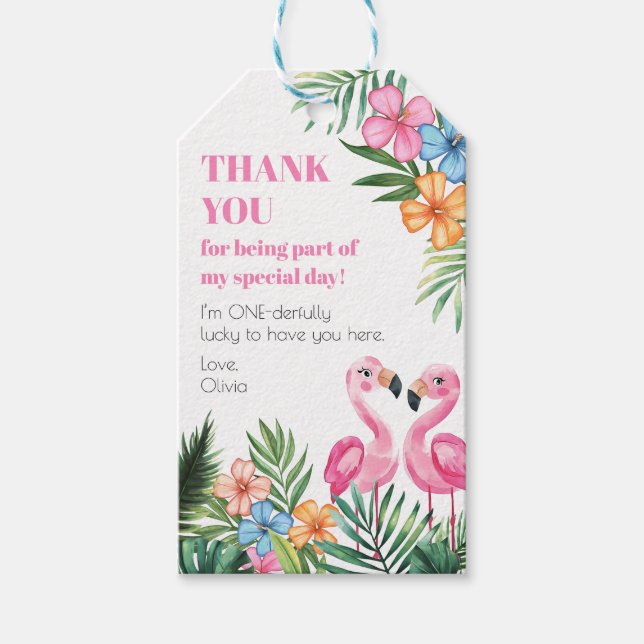 Étiquettes-cadeau Tropical Summer 1er Flamant Rose Onederland Annive (Devant)