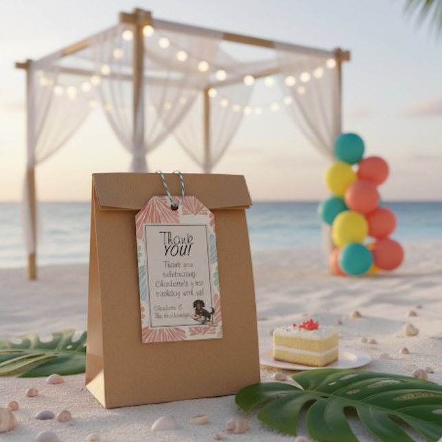 Étiquettes-cadeau Tropical The Big One Surf Dachshund anniversaire (Celebrate your little one’s special day with this Tropical The Big One Surf Dachshund Birthday!)