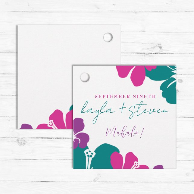 Étiquettes Cadeau Tropical Turquoise rose violet Hibiscus Carré (Créateur téléchargé)