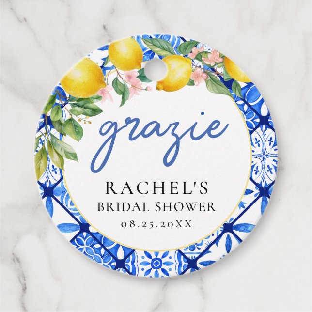 Étiquettes Cadeau Tuiles italiennes bleues Citrons Baptême de mariag (Devant)