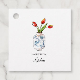 Étiquettes Cadeau Tulipes en vase bleu et blanc