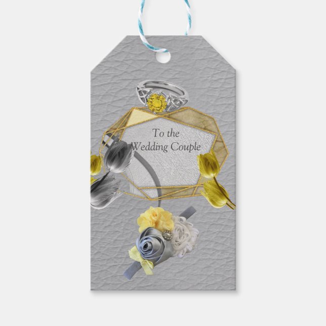 Étiquettes-cadeau Tulipes gris et jaunes sur texture (Devant)