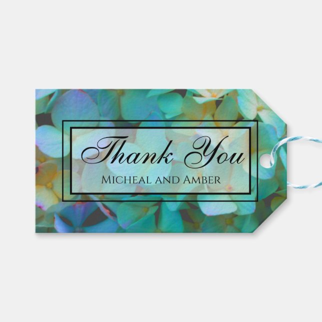 Étiquettes-cadeau Turquoise bleu jaune rose hydrangée fleurs (Devant (Horizontal))