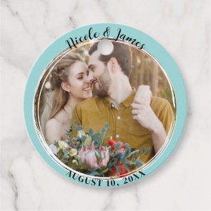 Étiquettes Cadeau Turquoise Bleu Minimal Tendance Rond Photo Mariage