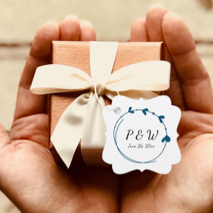 Étiquettes Cadeau Turquoise Bleu Simple Coeur Wreath Monogramme Mari
