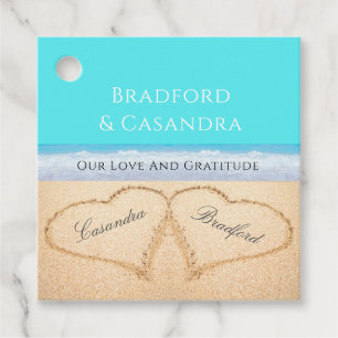 Étiquettes Cadeau Turquoise Blue Beach Wedding 2 Coeurs dans le Sand