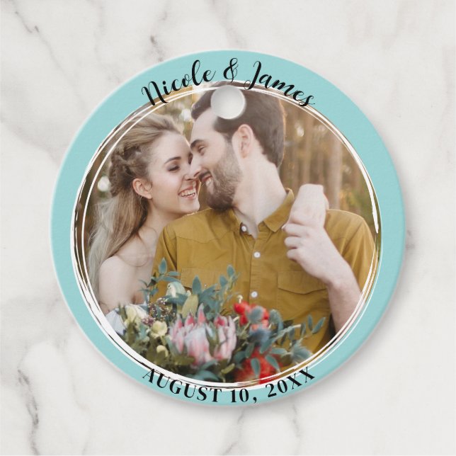 Étiquettes Cadeau Turquoise Blue Minimal Mariage photo ronde tendanc (Devant)