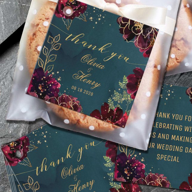 Étiquettes Cadeau Turquoise Bordeaux Joyaux Tons Mariage Merci (Créateur téléchargé)