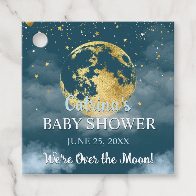Étiquettes Cadeau Turquoise Céleste sur la Lune et le Baby shower de (Devant)