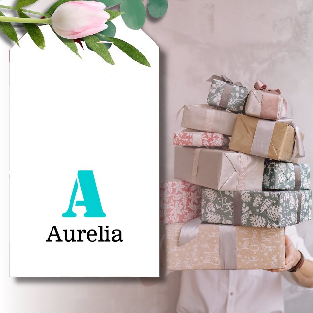 Étiquettes-cadeau Turquoise Élégant Initial Noir Nom | Moderne  (Créateur téléchargé)