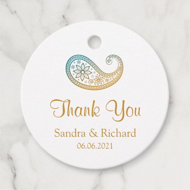 Étiquettes Cadeau Turquoise et or Paisley Mariage indien Merci (Devant)