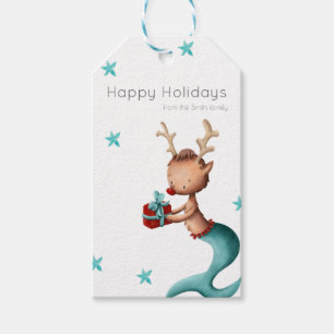 Étiquettes-cadeau Turquoise et rouge Fêtes Sirène Reindeer Personnal
