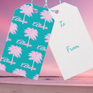 Étiquettes-cadeau Turquoise Rose Blanc Palmier Aloha Tropical