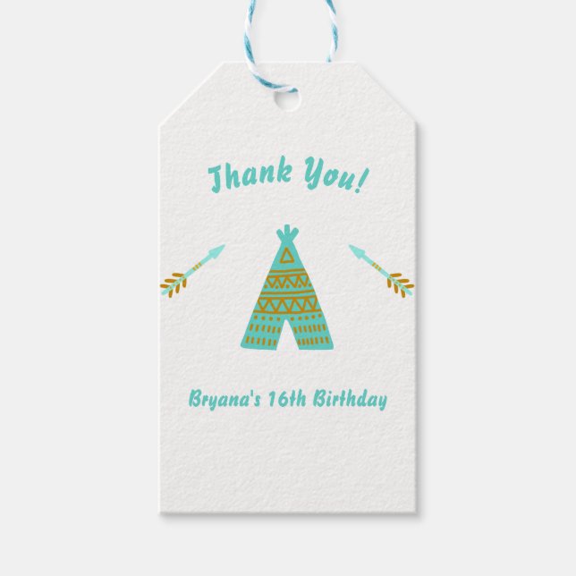 Étiquettes-cadeau Turquoise Turquoise Gold Tepee Sweet 16 Anniversai (Devant)