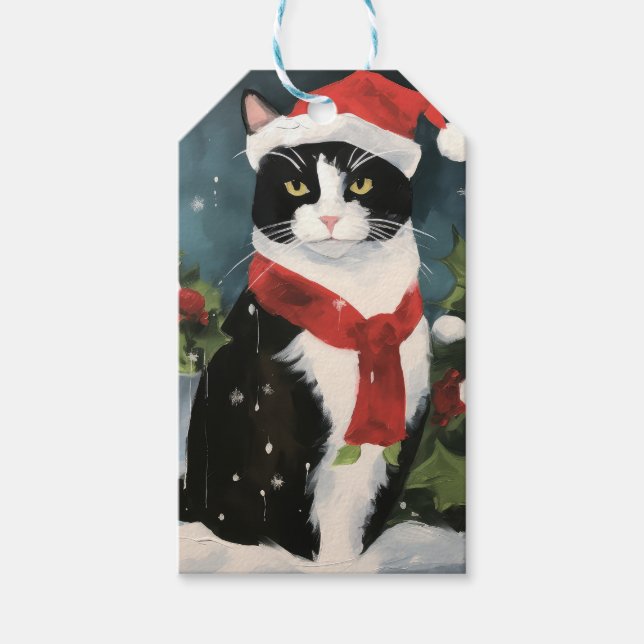 Étiquettes-cadeau Tuxedo Chat en Noël de neige (Devant)