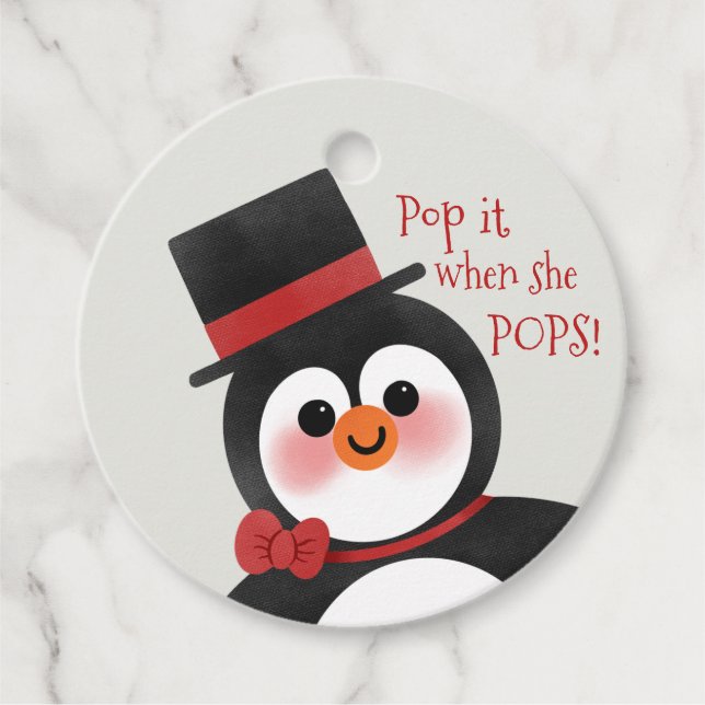 Étiquettes Cadeau Tuxedo Penguin Baby shower Pop It When She Pops! (Devant)