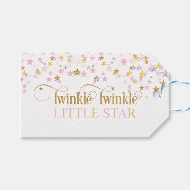 Étiquettes-cadeau Twinkle Little Star Baby shower rose or (Devant (Horizontal))