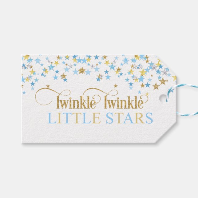 Étiquettes-cadeau Twinkle Little Stars Twins Baby shower Blue & Gold (Devant (Horizontal))