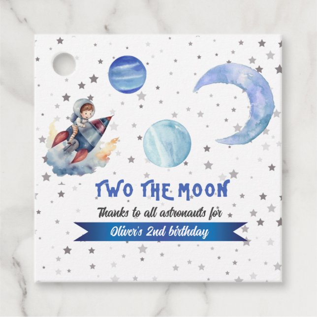 Étiquettes Cadeau Two The Moon Rocket Space Blue Boy 2nd Birthday  (Devant)