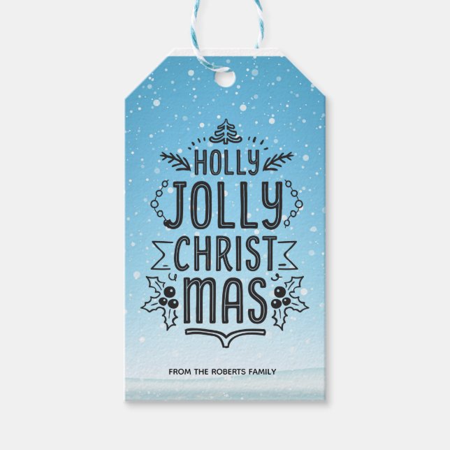 Étiquettes-cadeau Typographie de Noël Holly Jolly Blue Snow Custom (Devant)