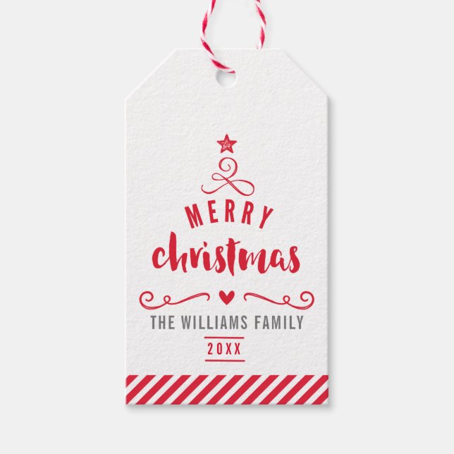 Étiquettes-cadeau TYPOGRAPHIE DE SAPIN DE NOËL festive rouge (Devant)