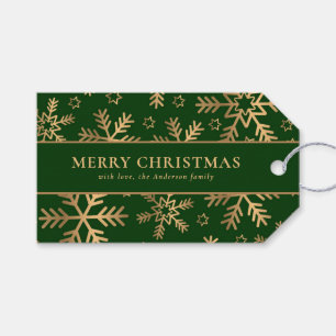 Étiquettes-cadeau Typographie élégante Green Gold Snowflakes