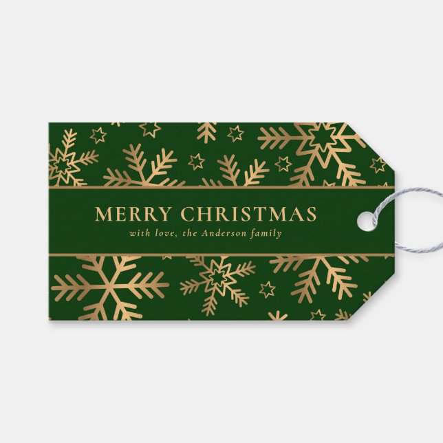 Étiquettes-cadeau Typographie élégante Green Gold Snowflakes (Devant (Horizontal))