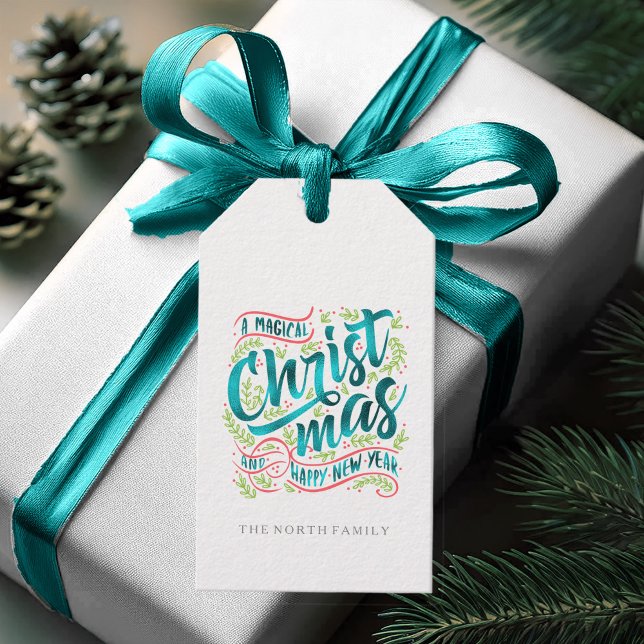 Étiquettes-cadeau Typographie magique de Noël rayures Turquoise ID44 (Créateur téléchargé)