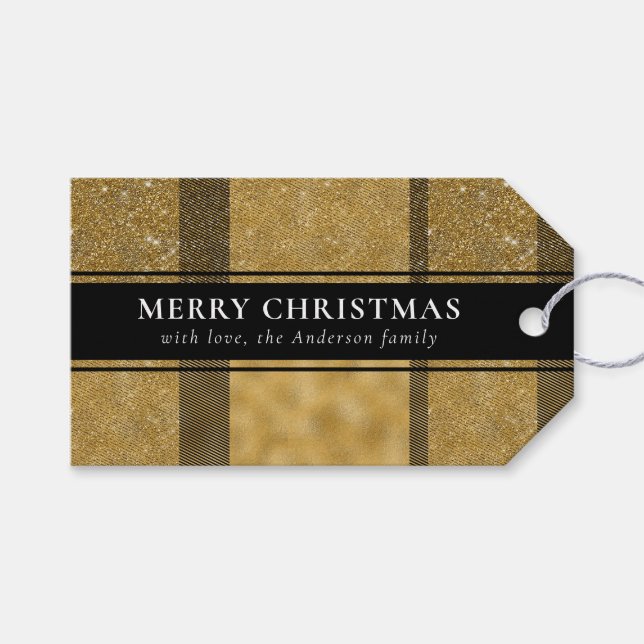 Étiquettes-cadeau Typographie moderne Buffalo d'or Plaid Noël (Devant (Horizontal))