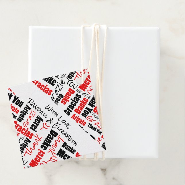 Étiquettes Cadeau Typographie multilingue Merci Rouge Noir (En situation)