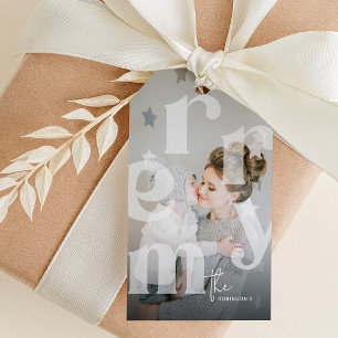 Étiquettes-cadeau Typographie superposée 'MERRY' pour photo de Noël