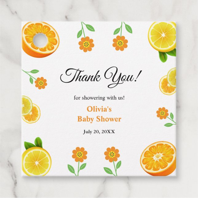 Étiquettes Cadeau Un Baby shower de Merci Citron Citrus Un Peu Cutie (Devant)