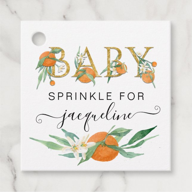 Étiquettes Cadeau Un Baby shower D'Oranges À L'Aquarelle Un Peu Cuti (Devant)