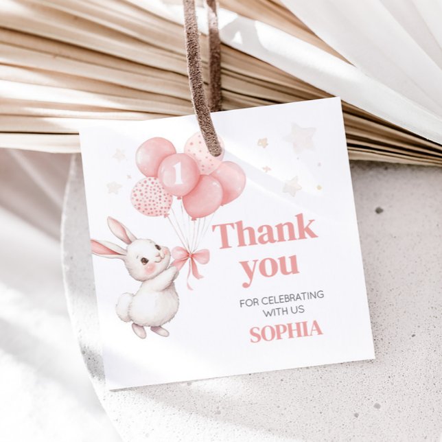 Étiquettes Cadeau Un Balloon Bunny Carré de fête d'anniversaire (Some Bunny Pink Bow Balloon Birthday Party Square Favor Tags)