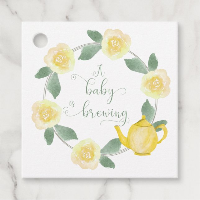 Étiquettes Cadeau Un bébé brasse Baby shower Jaune Floral Teapot (Devant)
