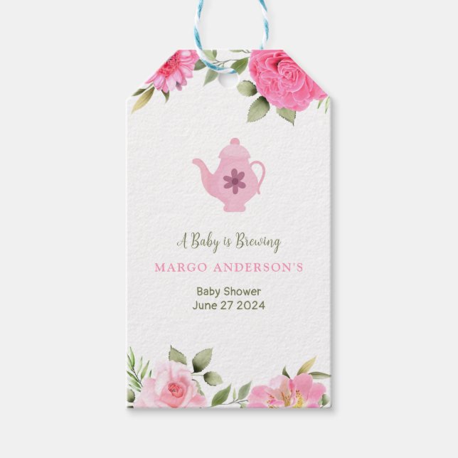 Étiquettes-cadeau Un bébé brasse un Baby shower de thé Rose à fleurs (Devant)