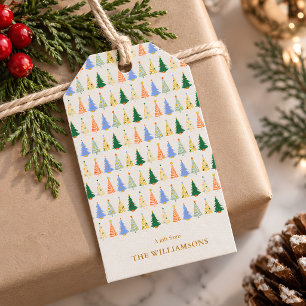 Étiquettes-cadeau Un cadeau de la famille Nom Arbres de Noël colorés