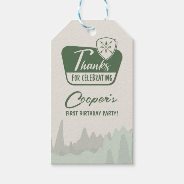 Étiquettes-cadeau Un campeur heureux, un premier anniversaire, Woodl (Devant)