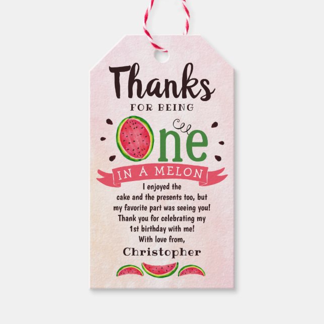 Étiquettes-cadeau Un dans un Melon 1er anniversaire Merci (Devant)