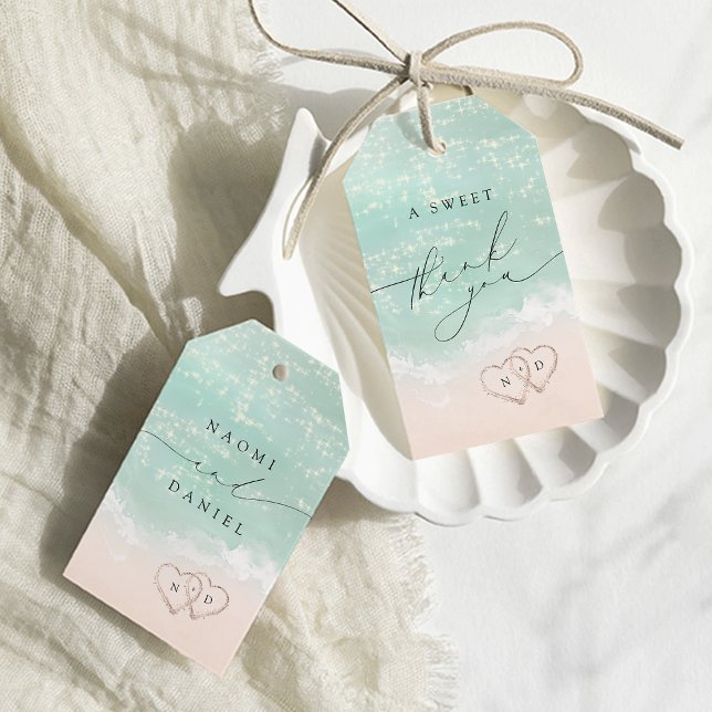 Étiquettes-cadeau Un Merci Doux, Script moderne Plage de Coeurs de S (A Sweet Thank You Modern Script Sand Hearts Beach Gift Tags)