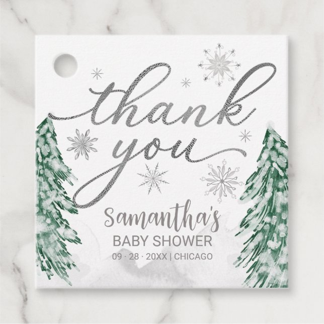 Étiquettes Cadeau Un petit Baby shower à neige Merci gris (Devant)