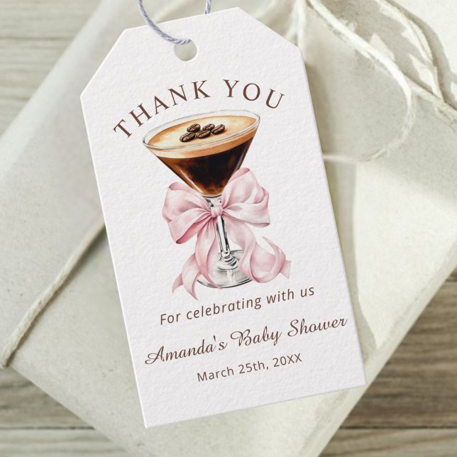 Étiquettes-cadeau Un Tini One Espresso Martini à l'arc-en-ciel pour  (A tini one is on the way pink coquette bow baby shower favor gift tag)