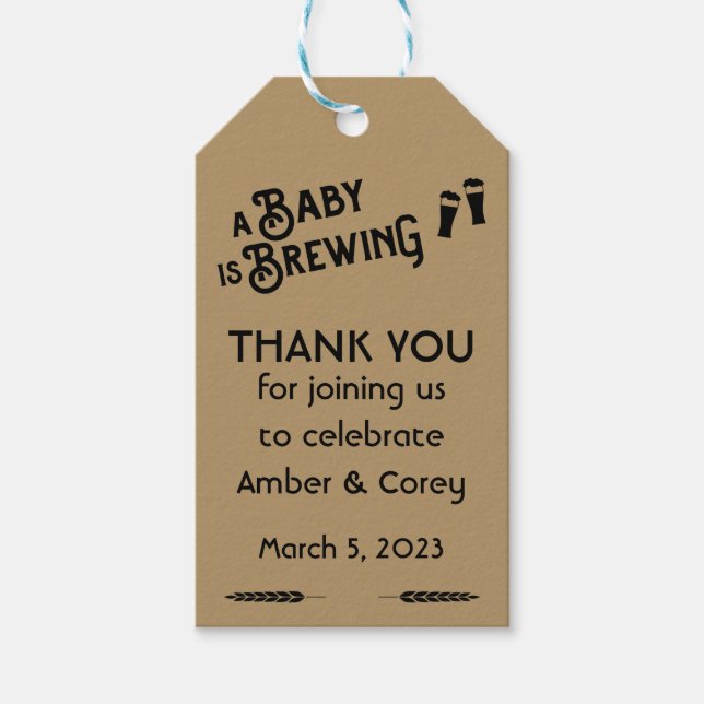 Étiquettes-cadeau Une Baby Shower 'Un bébé est en train de brasser'  (Devant)