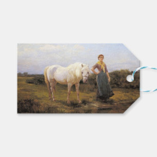 Étiquettes-cadeau Une femme de la campagne prend un cheval à l'eau