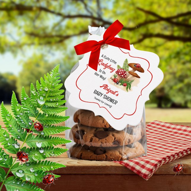 Étiquettes Cadeau Une Mignonne Petite Ladybug Est En Chemin De Baby  ("A Cute Little Ladybug Is On Her Way!" Girl Baby Shower Favor Tags)