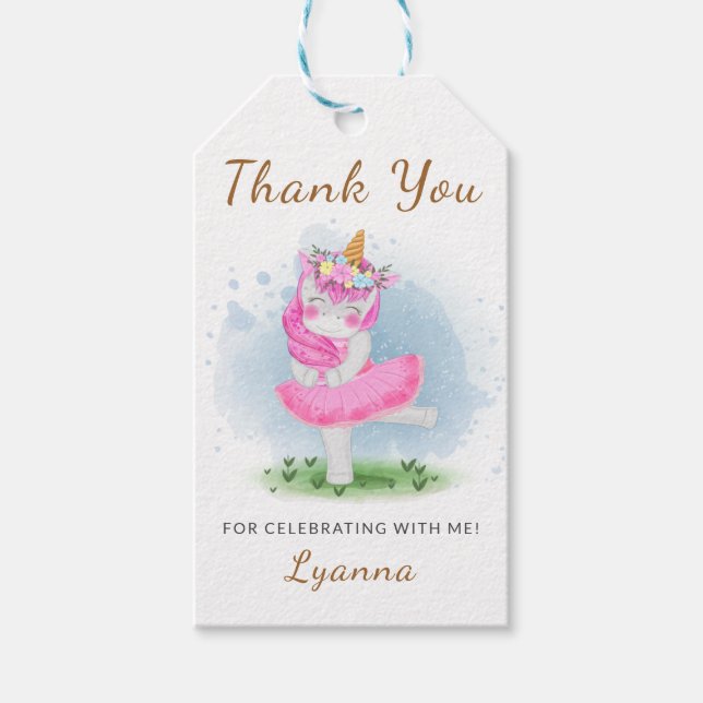 Étiquettes-cadeau Unicorn Ballerina 4e anniversaire Merci (Devant)