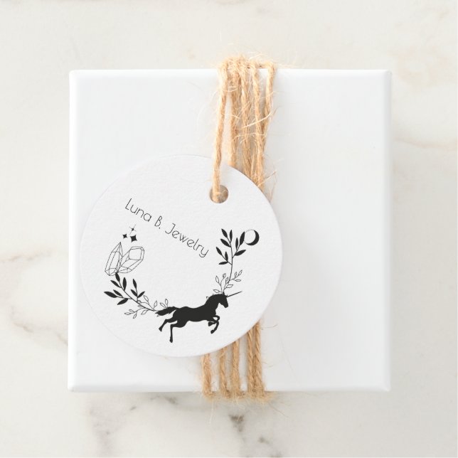 Étiquettes Cadeau Unicorne, Lune & Crystals Emballage de bijoux Dain (En situation)