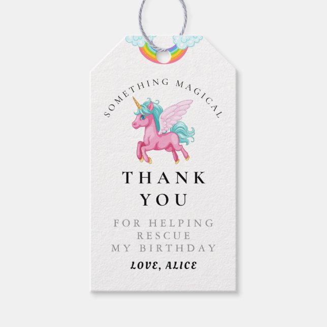 Étiquettes-cadeau Unicorne rose magique Arc-en-ciel Merci d'annivers (Devant)